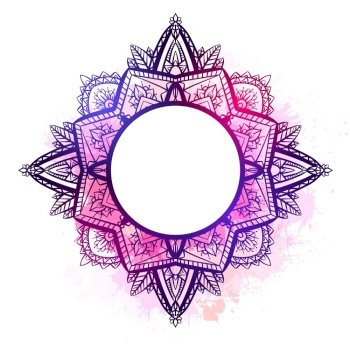 Round frame with tracery zen mandala with purple watercolor splashes. The object is separate from the background. Vector delicate doodle template for cards, invitation, banner and your creativity.. Round frame with tracery zen mandala with purple watercolor splashes. The object is separate from the background.