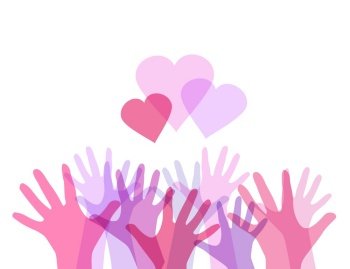 Gentle illustration of color transparent human hands with hearts. International day of friendship and kindness. The unity of people. Vector element for card, invitation, template and your creativity.. Gentle illustration of color transparent human hands with hearts. International day of friendship and kindness. The unity of people. Vector element