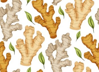 Seamless texture with cartoon ginger roots with leaves on a white background. Healthy food. Flat vector background for fabrics, wallpapers and your creativity.. Seamless texture with cartoon ginger roots with leaves on a white background. Healthy food. Flat vector background