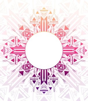 Vertical card with tribal geometric mandala and place for text. Color native ornament on white background. Mystical pattern. Vector colorful folk template for banner, invitation and your creativity.. Vertical card with tribal geometric mandala and place for text. Color native ornament on white background. Mystical pattern. Vector colorful folk template