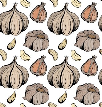 Seamless pattern colorful sketch garlic illustration. Antibacterial product for health. Useful seasoning for cooking. Natural spice. Vector color texture for wallpaper, packing and your design. Seamless pattern colorful sketch garlic illustration. Antibacterial product for health. Useful seasoning for cooking. Natural spice. Vector color texture
