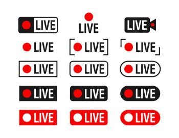 Set of live streaming icons. Broadcasting. Red symbols and buttons of live stream, online stream. Vector stock illustration. Set of live streaming icons. Broadcasting. Red symbols and buttons of live stream, online stream. Vector stock illustration.