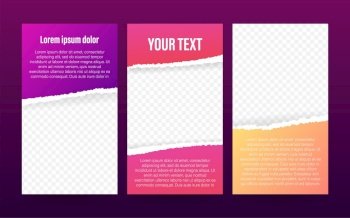 Stories template for social media with colored torn paper editable on transparent background. Vector stock illustration. Stories template for social media with colored torn paper editable on transparent background. Vector stock illustration.