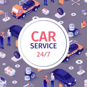 Seamless Pattern with Text for Car Repair Service. Fulltime Automobile Maintenance, 24/7 Customer Support. Isometric Icons of Tools, Repaired Vehicle and Equipment on Backdrop. Vector 3d Illustration. Seamless Pattern with Text for Car Repair Service