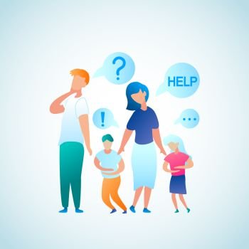Flat Illustration Parent Appeal for Help Doctor. Vector Image Man and Woman Think who to Contact with Problem Abdominal Pain in Child. Little Boy and Girl Hold on to Stomach in Pain