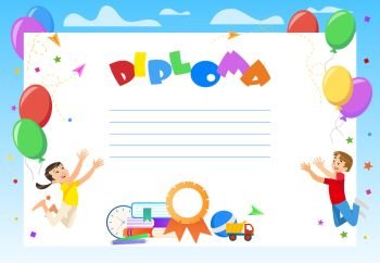 Kindergarten, Elementary or Preschool Diploma Certificate. Happy Cartoon Kids Jumping with Hands Up. Books, Toys, Watch. Balloons and Clouds Frame. Seal Stamp. Vibrant Vector illustration, Copy Space. Kindergarten, Elementary or Preschool Diploma