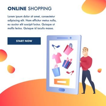 Online Shopping Website Element Vector Template. Internet Marketing, E-Payment Illustration. Man Holding Smartphone. Advertising Campaign. Gifts and Purchases. Online Store Web Banner Concept. Online shopping website element vector template