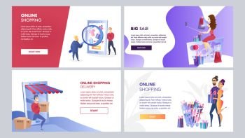 Online Marketing Set of Vector Color Templates. Mass Media, Online Shopping, Search engine, Customer Retention Walkthrough Steps Flat Illustration. Online Advertising Strategy. UX, UI Interface. Online marketing set of vector color templates