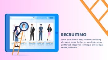 Various Occupation Employee Profile Laptop Screen. Woman on Ladder Hold Magnifier Search Best Resume. Online Recruiting. Male Female Applicant Character Wear Uniform. Flat Cartoon Vector Illustration. Various Occupation Employee Profile Laptop Screen