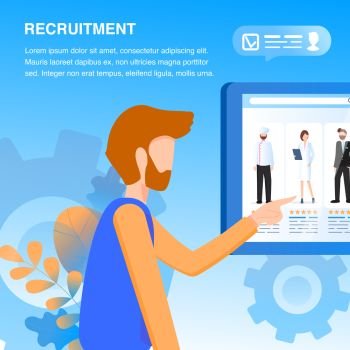 Man Point at Tablet Screen. Recruitment Service. Various Occupation Character. Male Human Resource Manager Select Professional Employee Online. Modern Device. Flat Cartoon Vector Illustration. Man Point at Tablet Screen. Recruitment Service