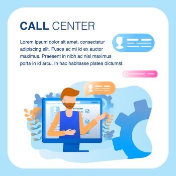 Call Center Support Operator Headset Client Work. Customer Service Office. Young Bearded Man Character Talk Answer Request. Social Helpline Device Communication. Flat Cartoon Vector Illustration. Call Center Support Operator Headset Client Work