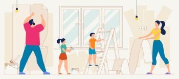 Family Repairing Home, Apartment Renovation Flat Vector. Kids Helping Parents to Wallpapering, Father Hanging Wallpaper Stripes on Wall, Mother Rolling Wallpaper, Children Pasting Adhesive with Brush
