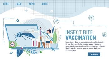 Landing Page for Online Service Offering Insects Bite Vaccination. Cartoon Doctor and Nurse Characters Presenting New Vaccine Protecting Fever, Against Virus from Mosquito. Vector Flat Illustration. Online Service Offering Insects Bite Vaccination