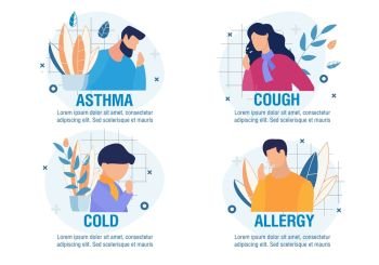 Different Types of Disease with Coughing Symptom. Cartoon Sick People Characters Set. Asthma, Cold, Allergy, Cough. Children and Adults. Medicine and Healthcare. Vector Flat Illustration. Different Types of Cough Cartoon Sick People Set