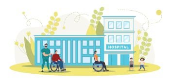 Disabled People Rehabilitation in Modern Clinic Trendy Flat Vector Concept. Male Nurse Pushing Disabled Man and Woman in Wheelchairs, Injured Boy on Crunches near Hospital Building Illustration
