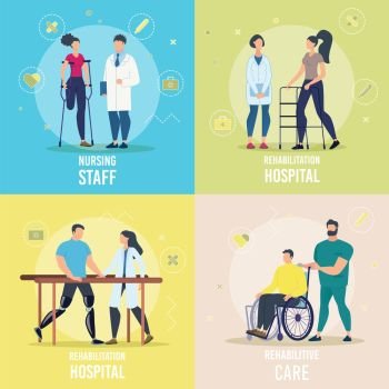 Healthcare and Rehabilitation Programs for Disabled People Trendy Flat Vector Square Concepts Set. Doctors, Hospital Personnel Helping Recover to Female, Male Patients with Disabilities Illustration
