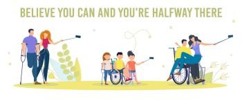 Happy and Socially Active Disabled People Trendy Flat Vector Characters Set. Disabled Man in Wheelchair, Injured or Paraplegic Children, Guy on Crutches with Amputated Leg Making Selfie Illustration