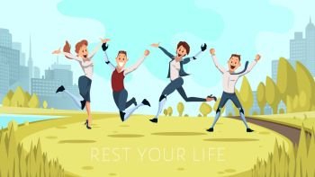 Happy and Positive Lifestyle of Disabled People Trendy Flat Vector Banner, Poster Template. Joyful Men, Women with Limbs Robotic Prosthesis Resting Having Fun in Park, Jumping on Meadow Illustration