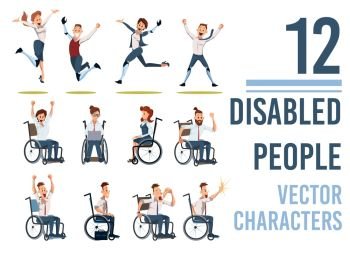 Disabled People Trendy Flat Vector Characters Set Isolated on White Background. Happy and Joyful Men and Woman with Disabilities Sitting in Wheelchair, Jumping with Leg Robotic Prosthesis Illustration