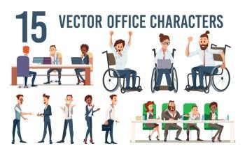 Modern Businesspeople Office Work Trendy Flat Vector Characters Set Isolated on White Background. Female, Male Company Workers, Business Team Meeting in Office, Happy Disabled Employees Illustrations
