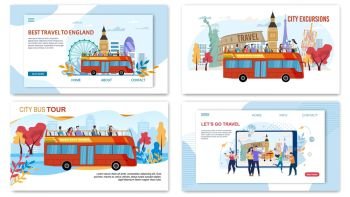 Bus City Tours, Excursionist Services for Travelers, Vacation World Trip Trendy Flat Vector Web Banners, Landing Pages Set. Tourists Going on Travel with Hop-on-Hop-Off Bus, Making Selfie Illustration