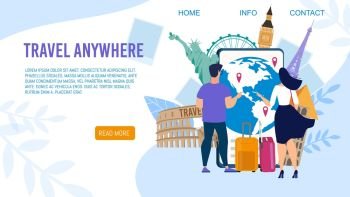Travel Agency World Tours, Airline Flight Routes for Tourist Trendy Flat Vector Web Banner, Landing Page Template. Man and Woman with Luggage, Choosing Travel Destinations on World Map Illustration