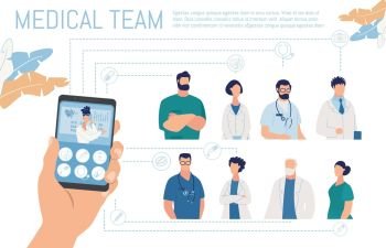 Online Medical Diagnosis Service. Cartoon Human Hand Holding Phone with Open Chat with Male Doctor Giving Consultation via Internet. Hospital Team in Uniform Presentation. Vector Flat Illustration. Online Medical Diagnosis and Consultation Service