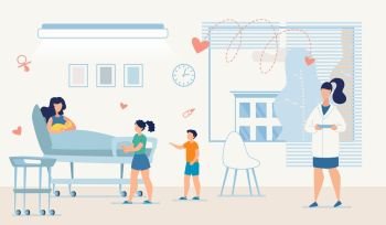 Cartoon Eldest Children Visiting Mother Lying with Newborn Baby on Bed. Doctor in Uniform Looking after Young Woman. Happy Family. Vector Flat Hospital Ward Interior. Love and Care Illustration. Eldest Children Visiting Mother with Newborn Baby
