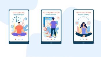 Banner Self-regulation Personal Training Flat. Self-organization and Self-control. Man and Woman are Meditating While Sitting on Floor, Guy is Looking at Calendar, Rear View Cartoon.