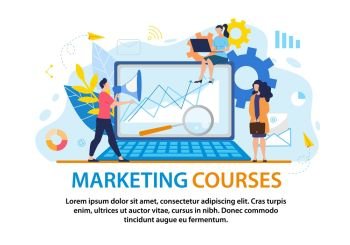 Informative Flyer Inscription Marketing Courses. Girl is Sitting on Big Laptop, Guy is Walking and Talking in Laptop. Girl with Briefcase Stands next to Laptop. Successful Training for Entrepreneur.