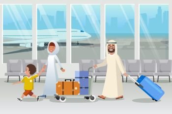 Muslim Family Boarding to plane in Airport Cartoon Vector Happy Parents in Arabian Ethnic Clothing Carrying Baggage Trolley, Walking with Child in Airport Terminal Illustration. Saudi Tourists Flight