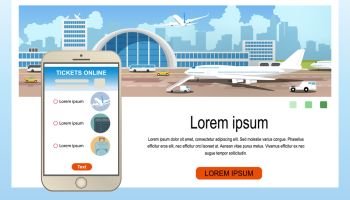 Booking Flight Mobile Application Cartoon Vector Horizontal Web Banner with Airline Services on Cellphone Screen, Airliners in Airport Illustration. Buying Airline Tickets Online Service Landing Page