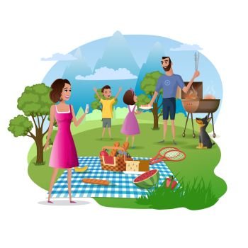 Family Picnic During Hike on Nature Cartoon Vector Concept. Father with Kids Cooking Meat on Barbeque Grill, Mother Taking Mobile Photo of Mountains Landscape Illustration Isolated on White Background