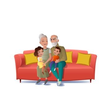 Senior Couple Playing, Having Fun with Kids Cartoon Vector Isolated on White Background. Happy Smiling Grandmother and Grandfather Sitting on Sofa with Boy and Girl Grandchildren on Knees Illustration