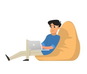 Young Man Freelancer with Laptop sitting in Frameless Armchair Working. Programmer and Designer, Gamer and Blogger Concept. Isolated on white background Cartoon Vector Illustration Character. Young Man Freelancer Working with Laptop sitting in Armchair