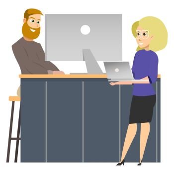Coworking Reception Man Invite to Work Woman in Openspace Office with Laptop. Cartoon Flat Characters Illustration in Working Places and Lounge Zone. Coworking Reception Man Invite to Work Woman