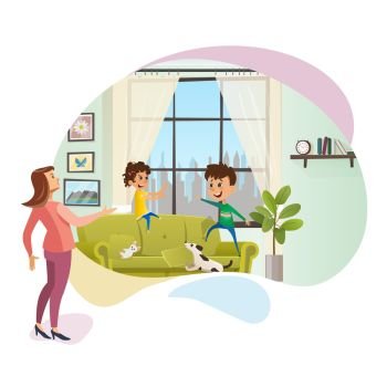 Annoyed Mother Yell at Naughty Children Banner. Angry Women Character Staying next to Spoiled Children. Boy and Girl Playing on Couch, Making Mess at Home. Flat Cartoon Vector Illustration. Annoyed Mother Yell at Naughty Children Banner