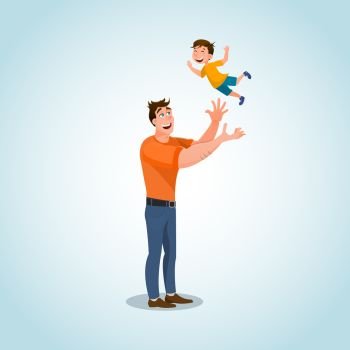 Smiling Father Character Playing with Little Son. Man Throwing his Child High Up into Air. Loving Dad and Happy Kid Spending Time Together, Having Fun. Flat Cartoon Vector Illustration. Smiling Father Character Playing with Little Son