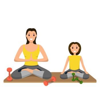 Mother and Daughter Involved Sport Engaged in Yoga. Smiling Woman and Child are Sitting Lotus Pose. Dumbbell. Healthy Lifestyle. Relaxation Exercise. Isolated on White Background