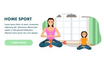 Mother and Daughter Involved Sport Engaged in Yoga. Banner Image Character Woman and Child Engaged Home Sport Yoga. Smiling Girl are Sitting Lotus Pose against Window. Healthy Lifestyle.