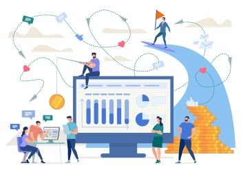 Marketing in Social Network, Phishing, Hidden Advertisement Online Flat Vector Concept. Infographics on Monitor, Entrepreneur Catching Clients with Coin on Rode, Team Working at Project Illustration