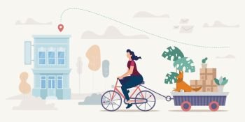 Relocation to New Apartment, House Removal Flat Vector Concept. Woman Riding Bicycle, Pulling Trailer Full of Home Stuff Packed in Cardboard Boxes, Flowerpots with Live Plants and Dog Illustration