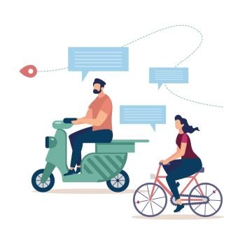 Bicycle Tourism, Traveling on Scooter Flat Vector Concept. Man Riding Motor Scooter, Woman on Bicycle Goes on Road, Planning Journey Route, Messaging in Trip, Communicating in Traffic Illustration