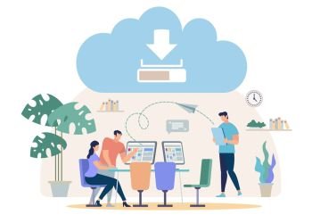 Synchronizing, Sharing, Backup Files with Online Cloud Service Flat Vector Concept. Office Workers, Company Employee Working on Computer, Sending Project Files to Colleague Illustration. Distant Work