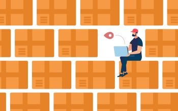 Advertising Poster Receiving and Forming Orders. Boxes are Stacked with Thick Wall, Guy is Sitting between them in Free Space. Banner Warehouse for Storage Goods. Vector Illustration.