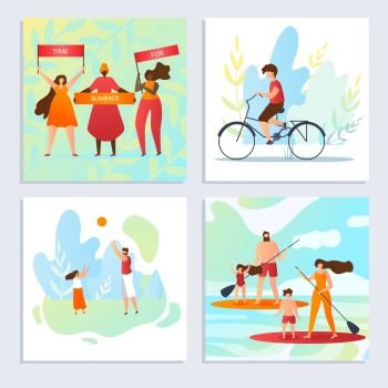 Set Time for Summer, Holidays with Family Cartoon. Men and Women Chant Slogans. Guy Rides Bicycle. Father and Daughter Playing Ball. Parents with Children Rowing on Board with Paddle Across Pond.