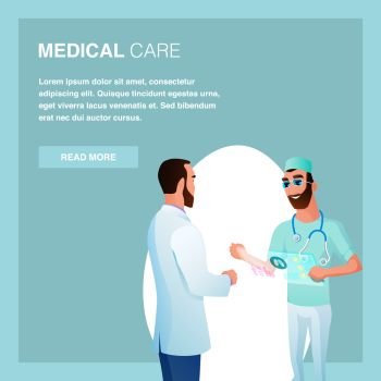 Two Male Doctor Wear Uniform Chat Medical Care. Hospital Character with Stethoscope Conversation. Young Assistant Man or Bearded Nurse Hold Modern Tablet. Cartoon Flat Vector Illustration. Two Male Doctor Wear Uniform Chat Medical Care
