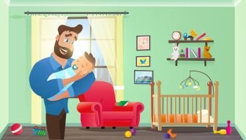 Vector Cartoon Illustration Concept Happy Father. Image Young Bearded Man Holding Newborn Baby. Happiness Cute Baby in Father Hand. Child Room with Furniture for Newborn Baby. Toy Scattered Floor
