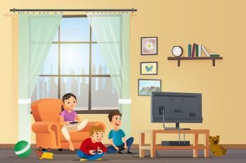 Vector Cartoon Illustration Concept Happy Children. Image Smiling Little Children Playing Set-top Box on Big TV. Sitting Floor Room near Orange Chair against Window with Silhouette City.