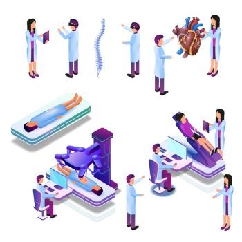 Group Doctor in Process Virtual Medical Research. Isometric Vector Illustration Medical Examination Patient, Heart Whitening, Spinal Problem, Operating Process with Help Medical Robot